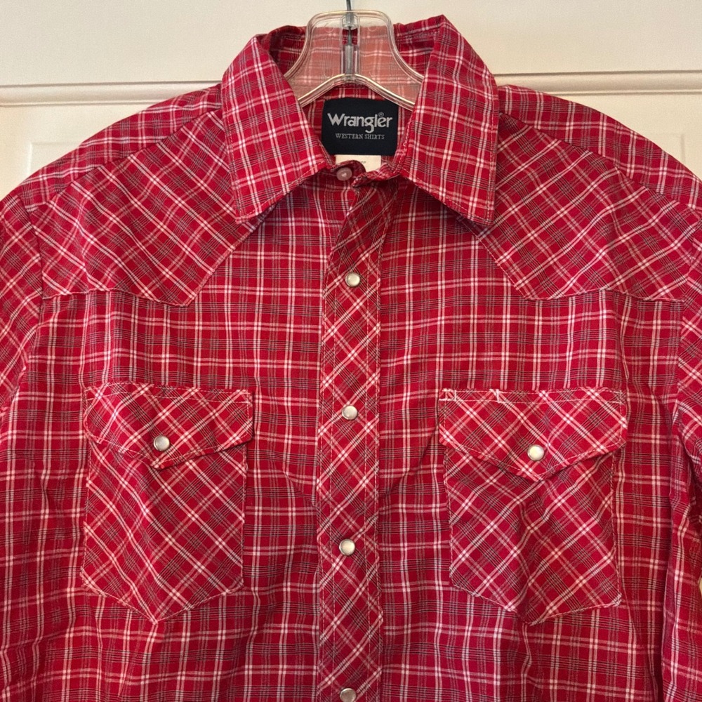 Wrangler Mens Red Plaid Short Sleeve Western Pearl Snap Shirt Large Cowboy Retro - Picture 2 of 6